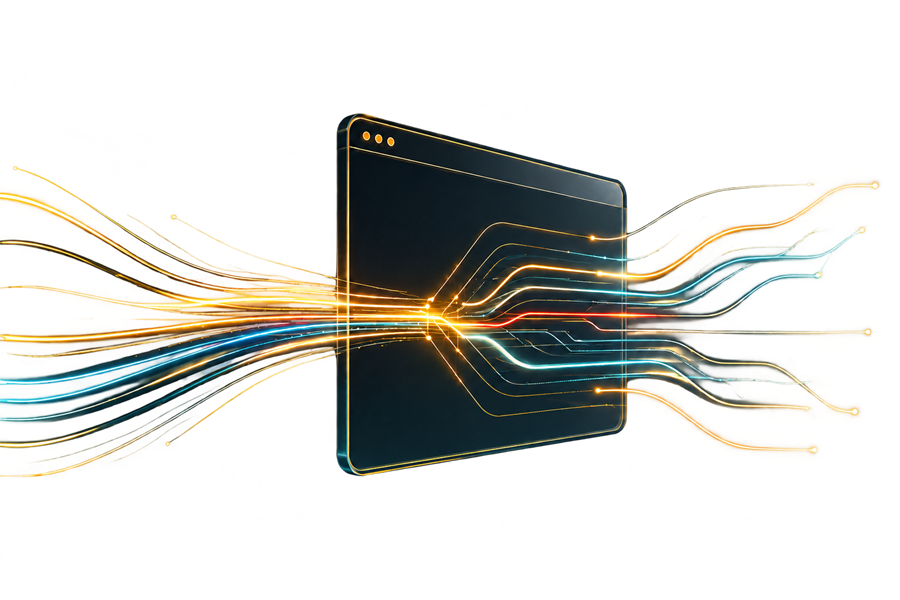 Abstract luminous streams flowing through a web interface